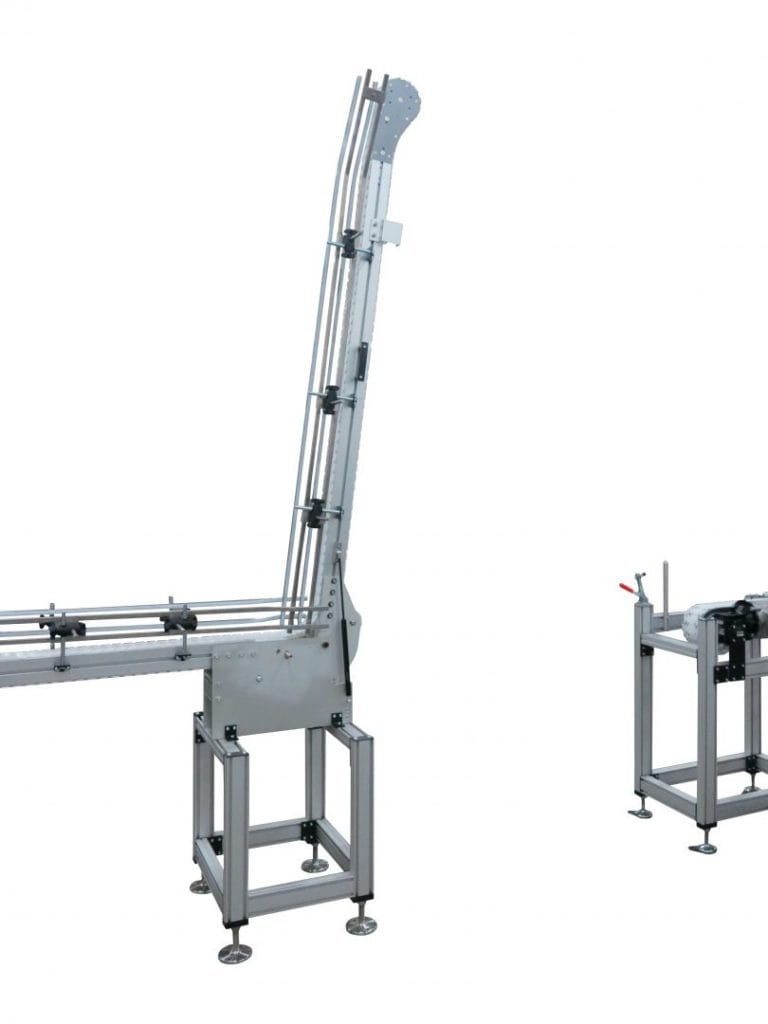 A custom-engineered lift gate conveyor with its gate raised for access.